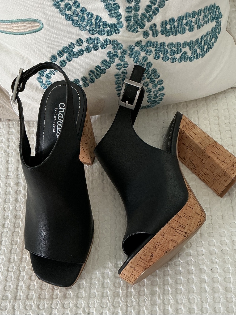 Charles By Charles David Black Open-Toe Cork Block Heel Wedges